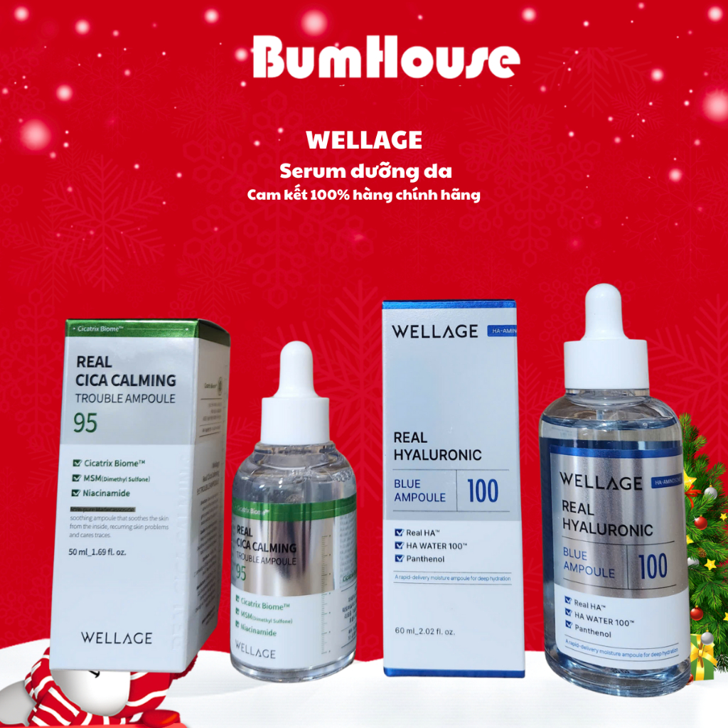 Tinh Chất Dưỡng ẩm Wellage Real Cica Claming 95 Trouble/Real Hyaluronic Blue Ampoule 50ml/60ml/75ml