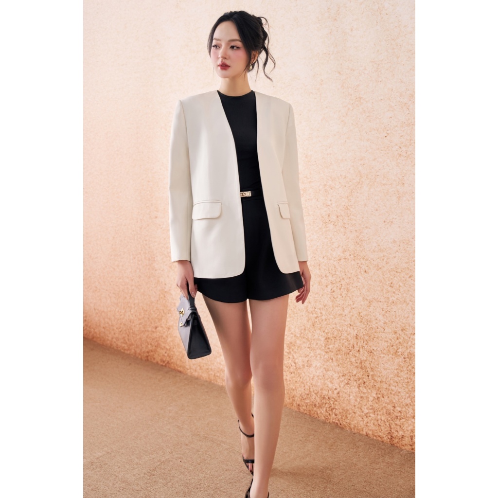 Blazer ELLA DORA thiết kế cổ không ve form suông thanh lịch mặc đi làm dễ phối 3 màu ĐỎ/ĐEN/BE [V25]