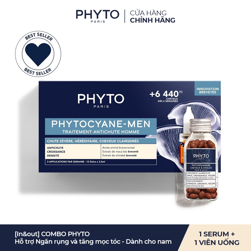 Combo 1 Serum nam PHYTOCYANCE (Hộp 12 ống) và 1 Hộp viên uống PHYTO Phanere (120 viên) - Hỗ trợ mọc và giảm rụng tóc
