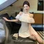 Váy đầm trắng trễ vai cổ yếm liền cổ đeo vai con gái kiểu Pháp phong cách Hepburn váy đầm dự tiệc