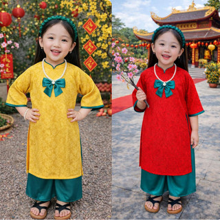 Bộ áo dài cách tân bé gái phối nơ xinh xắn dài tay, Áo dài cách tân cho bé gái mặc Tết, du xuân size đại DA06-BIATON