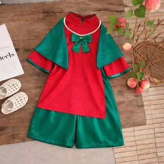 Bộ áo dài cách tân bé gái phối nơ xinh xắn dài tay, Áo dài cách tân cho bé gái mặc Tết, du xuân size đại DA06-BIATON
