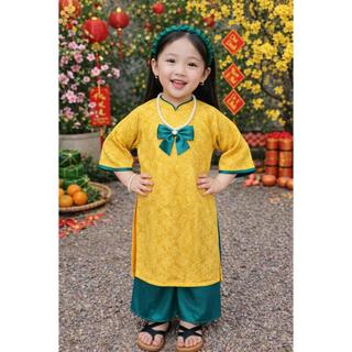 Bộ áo dài cách tân bé gái phối nơ xinh xắn dài tay, Áo dài cách tân cho bé gái mặc Tết, du xuân size đại DA06-BIATON