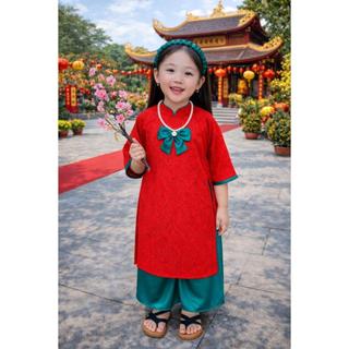 Bộ áo dài cách tân bé gái phối nơ xinh xắn dài tay, Áo dài cách tân cho bé gái mặc Tết, du xuân size đại DA06-BIATON