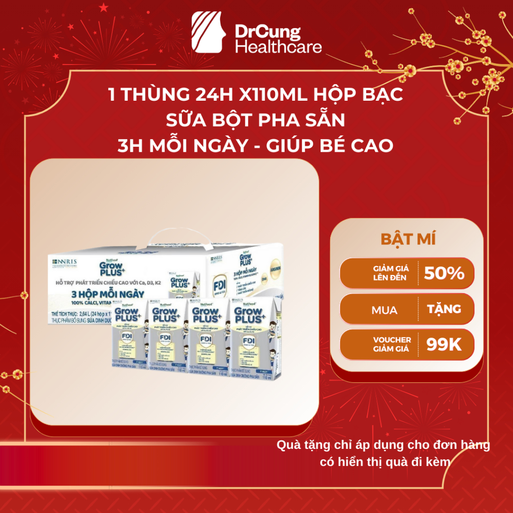 1 Thùng 24 Hộp 110ml Sữa Dinh Dưỡng Nutifood GrowPLUS+ (Bạc) Cao Lớn Vượt Trội Hộp (24 hộp  x 110ml)