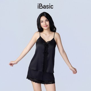 [SEASON OF LOVE] Đồ ngủ Bộ mặc nhà nữ 2 dây lụa satin phối ren iBasic gợi cảm màu đen HOMW058