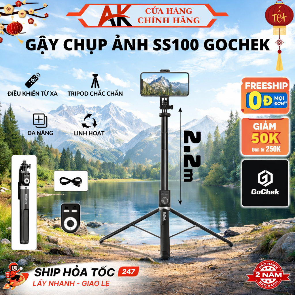 Gậy Chụp Ảnh Gochek SS100 Có Bluetooth Điều Khiển Từ Xa, Chụp Ảnh, Quay Video, Livestream, BH 2 Năm