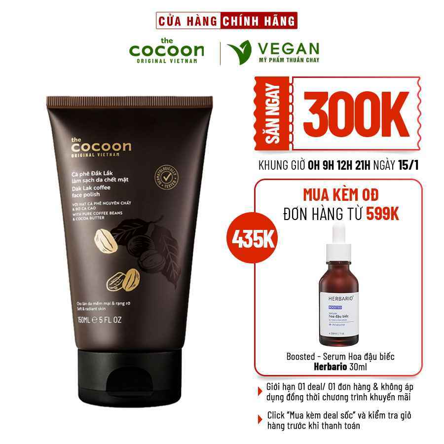 Tẩy da chết mặt Cà phê Đắk Lắk làm sạch da mặt cocoon 150ml (Dak Lak coffee face polish ) thuần chay