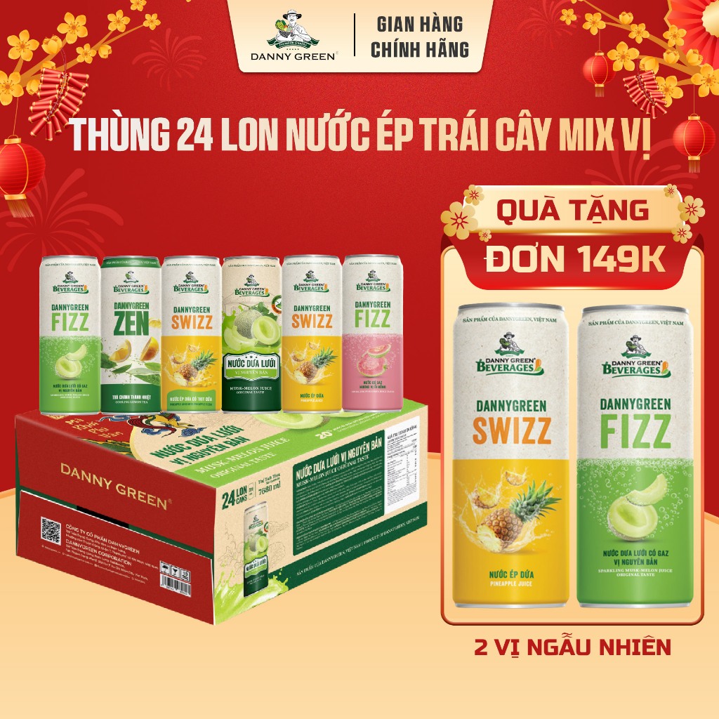 Thùng 24 Lon Nước Ép Trái Cây Tươi Tự Nhiên Từ Dưa Lưới, Ổi Hồng, Dứa, Trà Chanh DannyGreen - 320ml