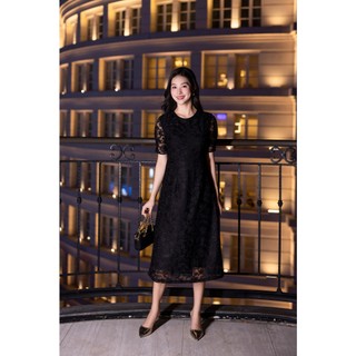 SWANLAKE | Váy Đầm Midi Nữ Phối Ren Thêu Hoa 2 Lớp Cổ Tròn Tay Ngắn Chiết Eo Tiệc Sang Trọng D13385