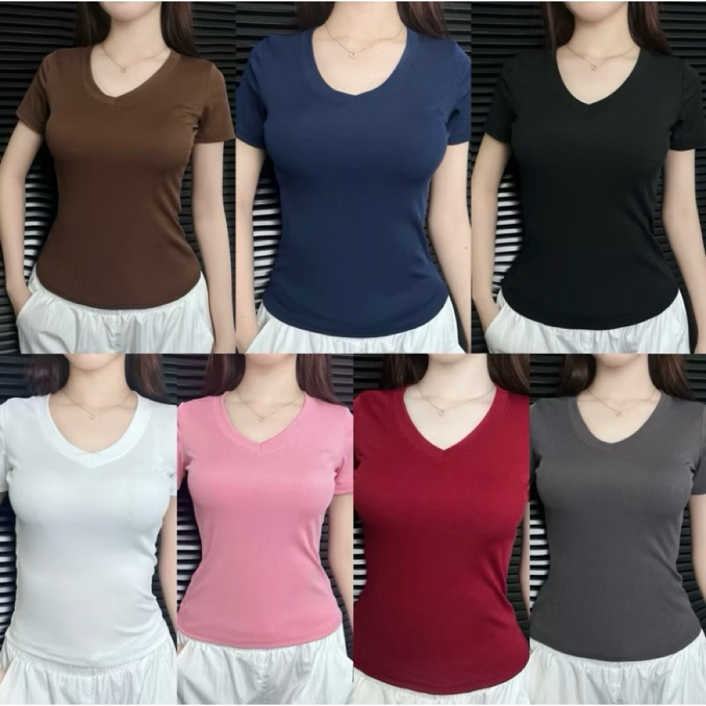 XẢ KHO 50% Áo Thun Nữ Basic Cổ Tim Tay ngắn – Chất tăm Mịn Cao Cấp, Co Giãn 4 Chiều tôn dáng cực xinh