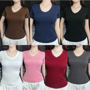 XẢ KHO 50% Áo Thun Nữ Basic Cổ Tim Tay ngắn – Chất tăm Mịn Cao Cấp, Co Giãn 4 Chiều tôn dáng cực xinh