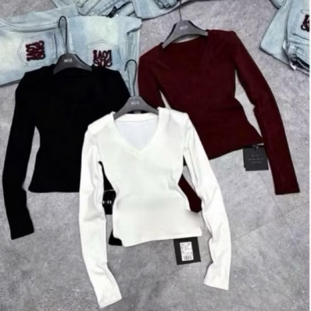 SALLE OFF 50% Áo Thun Nữ Cổ Tim Dài Tay Ôm Body,Thun Tăm Mềm Mại, , Co Giãn 4 Chiều siêu tôn dáng