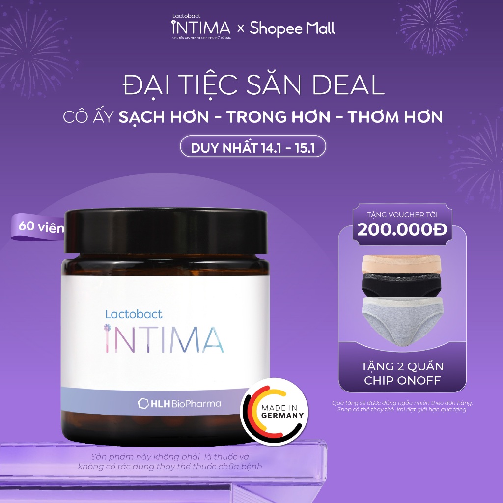 Hộp 60 viên men vi sinh phụ khoa Lactobact Intima bổ sung lợi khuẩn, Cranberry, D-Mannose từ Đức