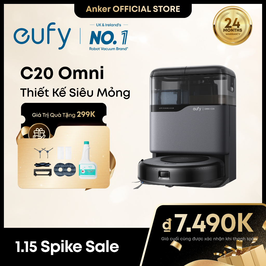 【Bán chạy nhất】Robot hút bụi eufy Omni C20, lực hút mạnh 7000Pa, thân máy siêu mỏng 3.35 inch, tự đổ rác, tự giặt & sấy