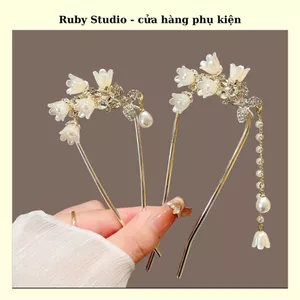 Trâm Cài Tóc Chữ U Hoa Linh Lan Trắng Tua Rua Ngọc Trai.