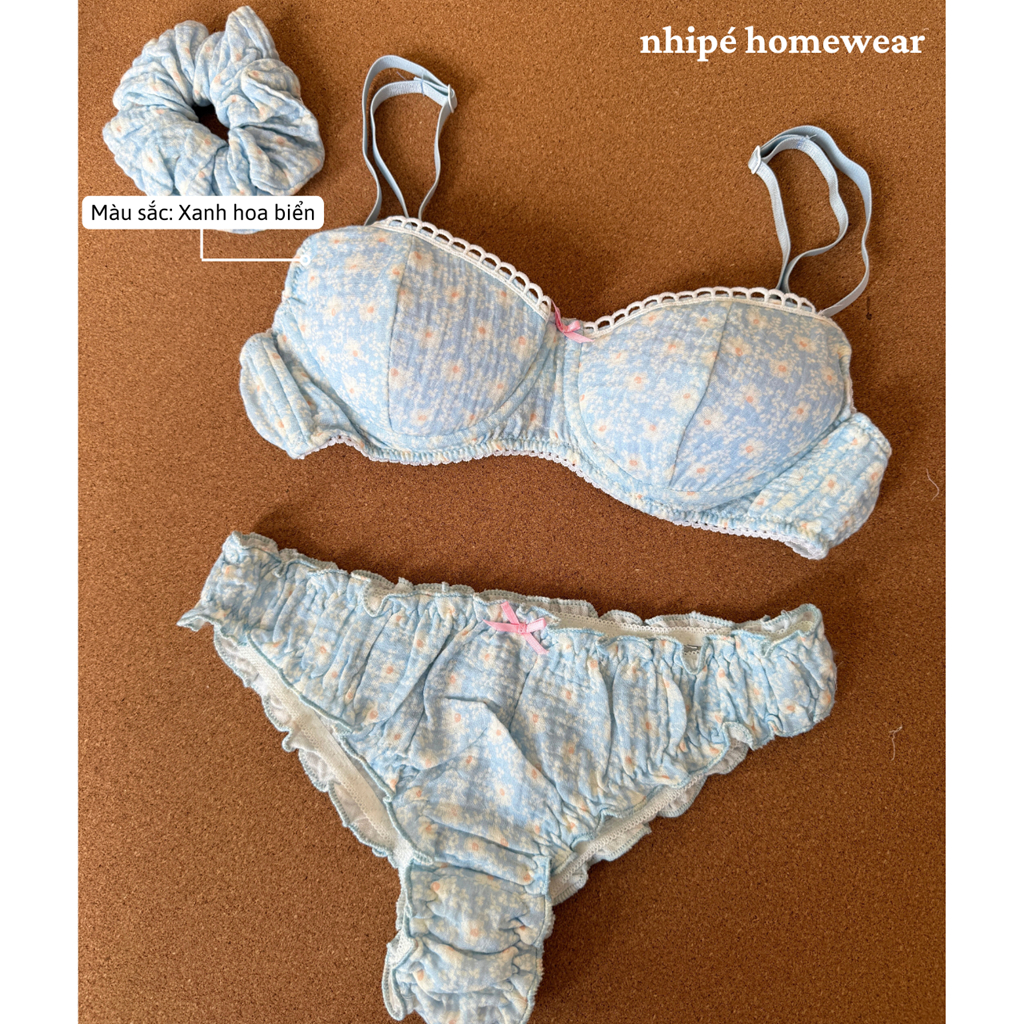 Set bộ đồ lót xô Muslin nhipé homewear họa tiết hoa dễ thương phối ren, có gọng mút tháo lắp mút, chât mềm mịn thoáng