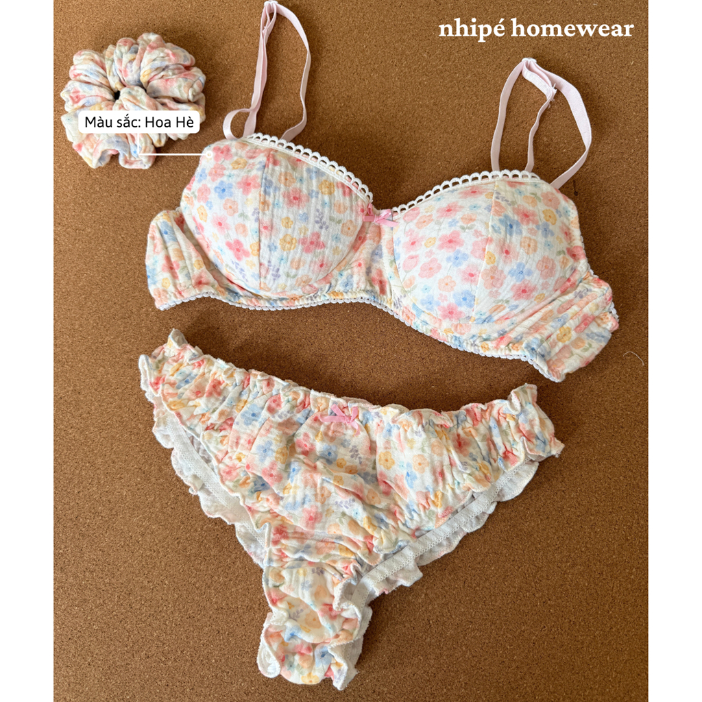 Set bộ đồ lót xô Muslin nhipé homewear họa tiết hoa dễ thương phối ren, có gọng mút tháo lắp mút, chât mềm mịn thoáng