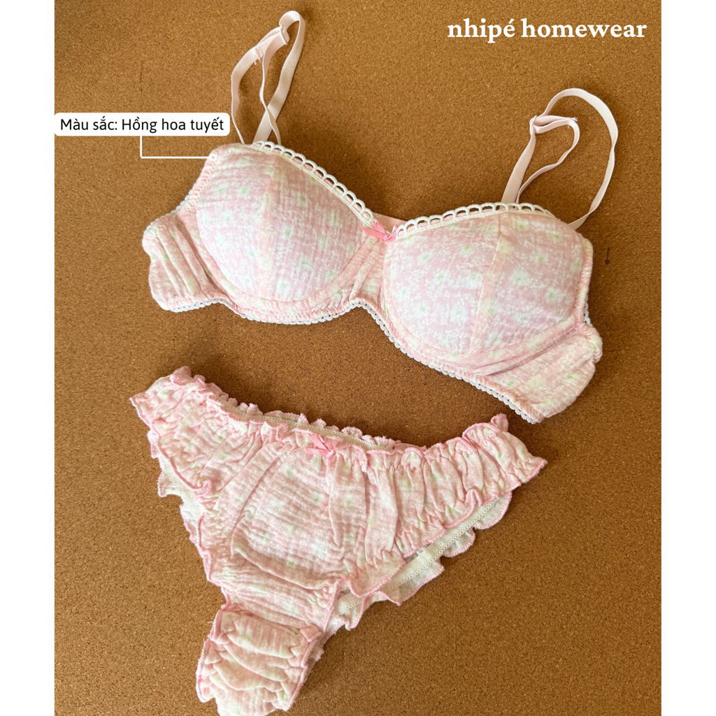 Set bộ đồ lót xô Muslin nhipé homewear họa tiết hoa dễ thương phối ren, có gọng mút tháo lắp mút, chât mềm mịn thoáng