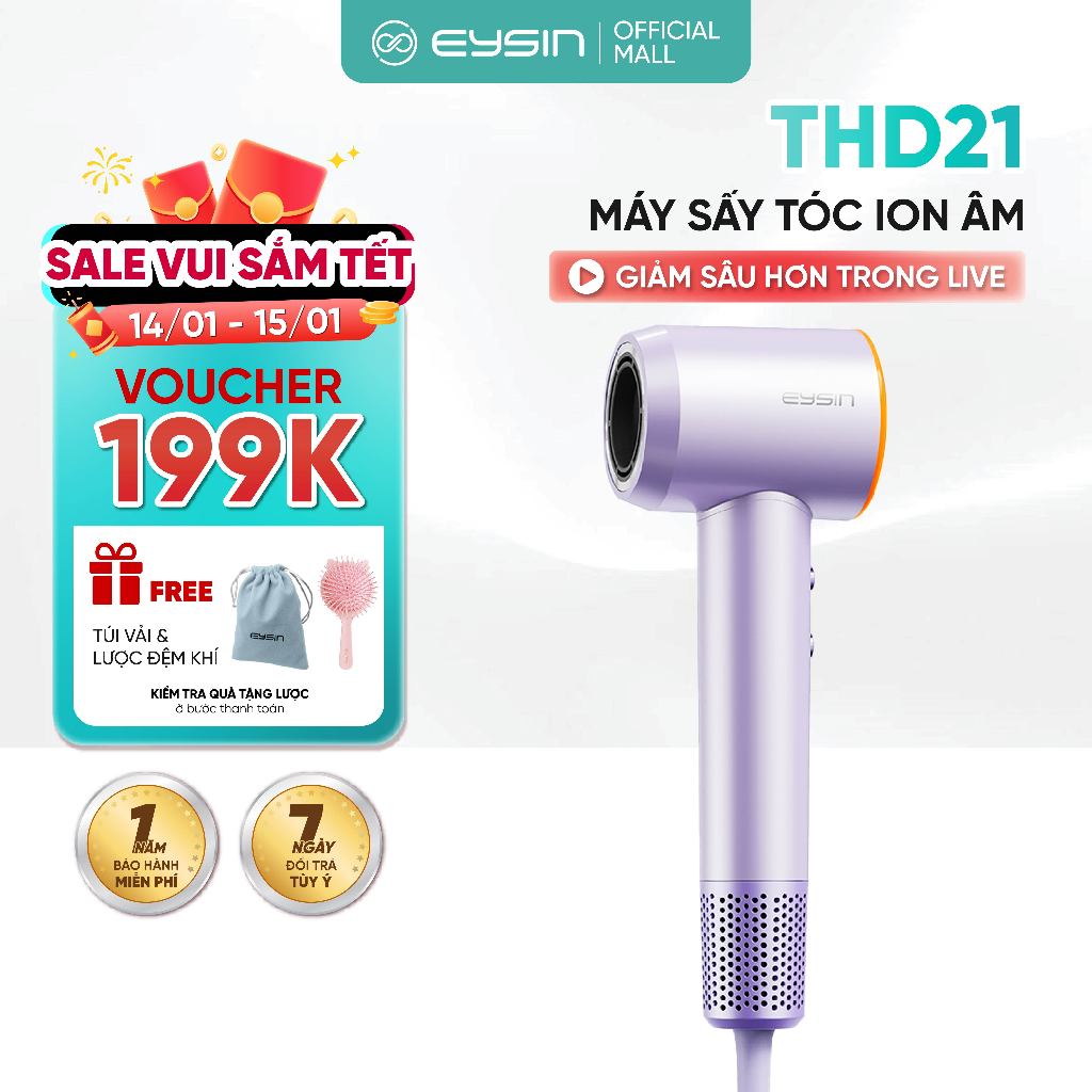 Máy sấy tóc EYSIN THD21 Tốc Độ Cao Công Suất 1600W 200 Triệu Ion Âm Nhỏ Gọn Nhanh Khô Tóc