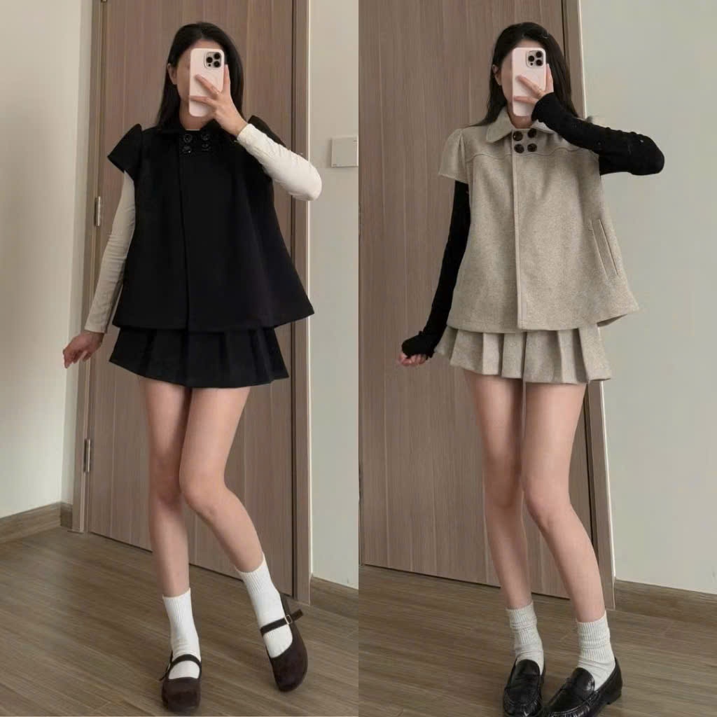 Set 2 Chi Tiết Gồm Áo Dạ Cổ Sen Cộc Tay & Chân Váy Ngắn Xếp Ly Thanh Lịch Mặc Tết (Ko kèm áo trong)