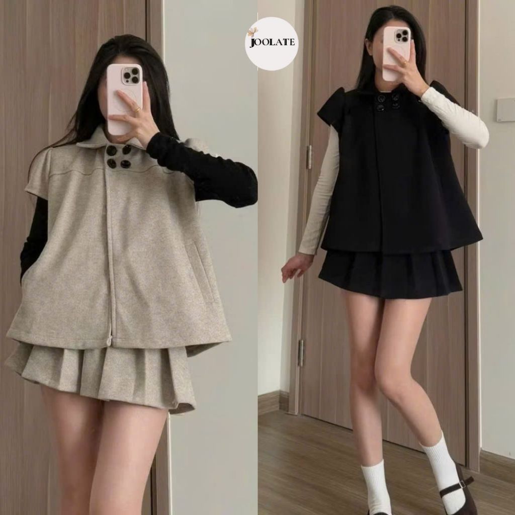 Set 2 Chi Tiết Gồm Áo Dạ Cổ Sen Cộc Tay & Chân Váy Ngắn Xếp Ly Thanh Lịch Mặc Tết (Ko kèm áo trong)