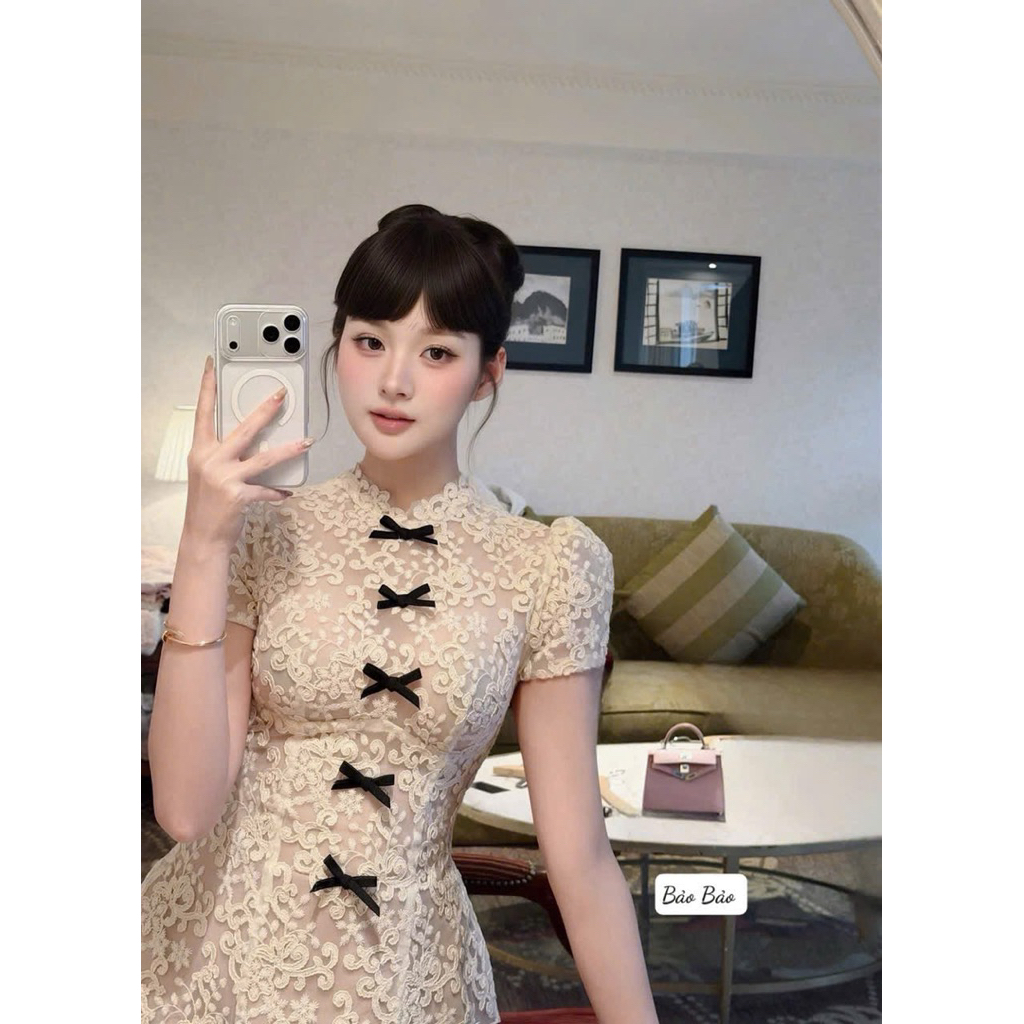 Váy ren nữ tiểu thư đính nơ dáng A đẹp