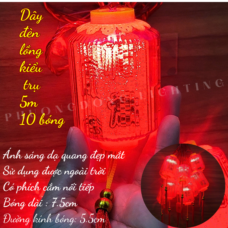 Dây đèn led lồng đèn đỏ hình trụ 5m - 10 bóng dạ quang Trang trí Lễ Tết