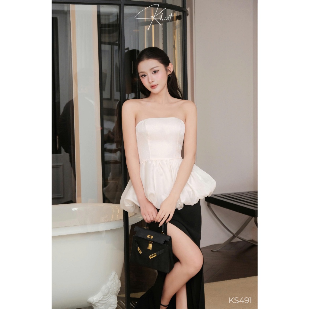 Set áo tơ quây bồng bồng phối chân váy đen dài xẻ tà Khiết Style phong cách sang chảnh KS491