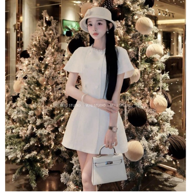 Váy dạ tweed thiết kế cổ choàng đính viền ngọc đá sang chảnh ,Đầm thiết kế dáng A tiểu thư cộc tay đính khuy bọc cao cấp