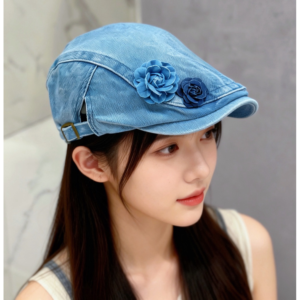 Mũ Beret jean Denim Hoa Cao Cấp Hottrend Cho Nữ - Phụ Kiện