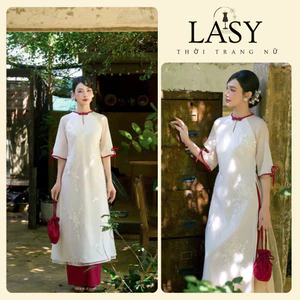LASY Thời Trang Nữ|Áo Dài Form Suông Cổ Tròn Phối Viền Đỏ Đính Nơ Kèm Quần, Thiết Kế Sang Trọng AD1498