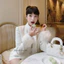 MIU.STUDIO •”Mida Set” Set áo khoác dạ trắng kem cổ nơ phối tay lông đính khuy đá + chân váy A style tiểu thư sang chảnh
