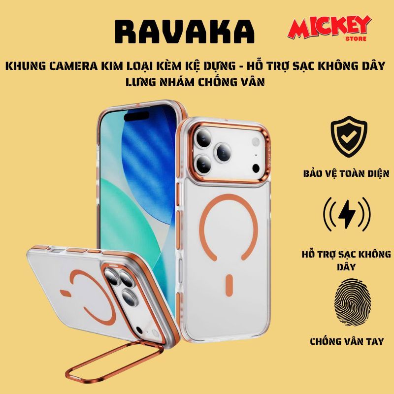 Ốp Ravaka lưng nhám chống vân tay kèm giá đỡ Camera hỗ trợ sạc Không dây cho IPhone 17 Pro Max / Pro