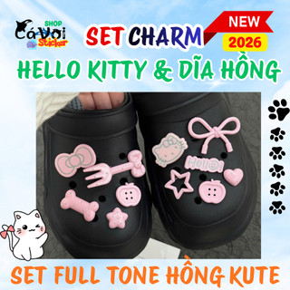 [NEW TREND 2026] Set charm gắn dép : Set HELLO KITTY & dĩa hồng , Set full tone hồng kute