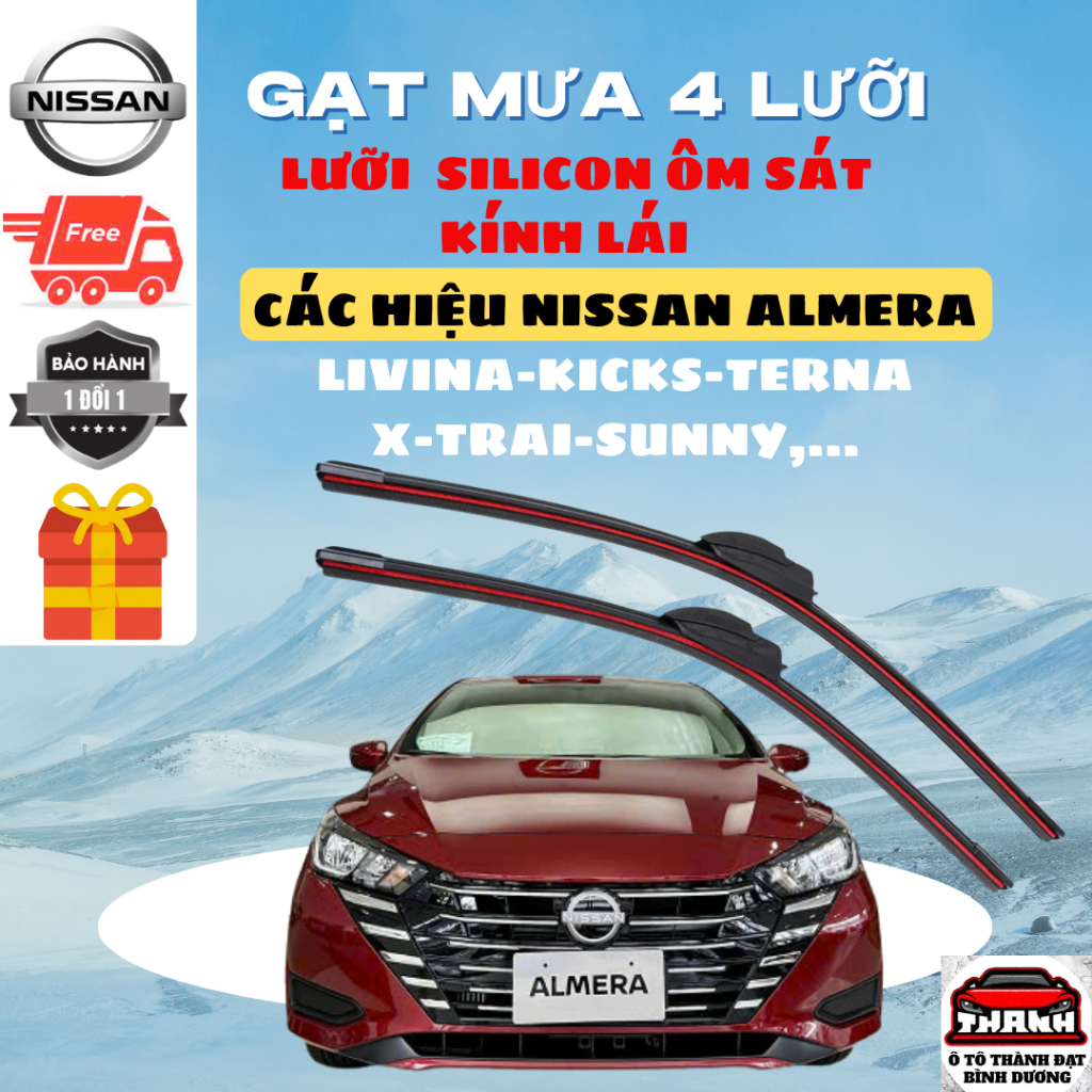 Gạt Mưa Ô Tô NISSAN ALMERA, NAVARA, X-TRAIL,  SUNNY, TEANA, LIVINA Silicon 4 Lưỡi Gạt Sạch Êm. 4L