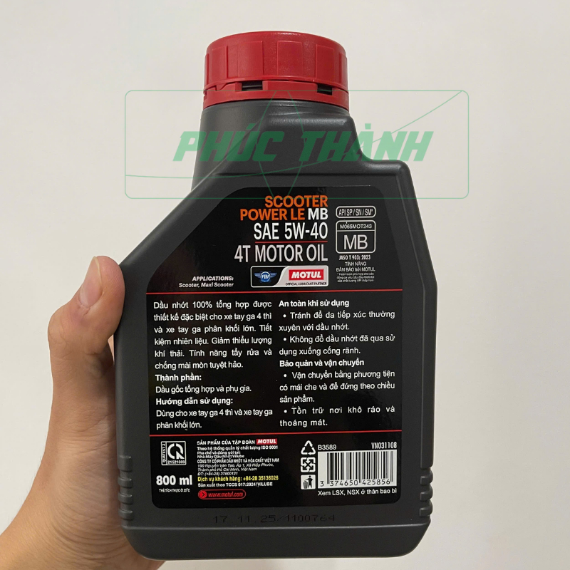Dầu Nhớt Tổng Hợp Toàn Phần Xe Tay Ga MOTUL SCOOTER POWER LE 5W40 800ml/1L - Chính Hãng