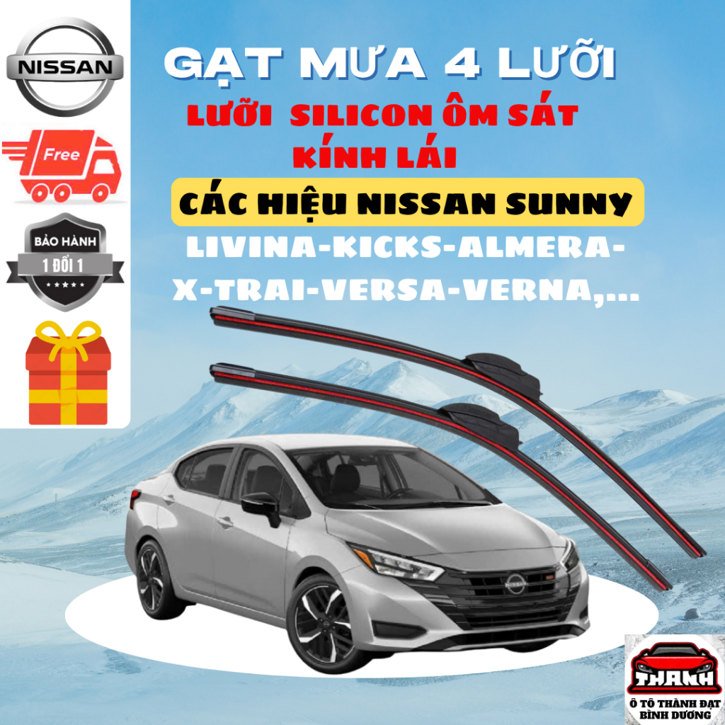 Gạt Mưa Ô Tô NISSAN SUNNY, X-TRAIL, NAVARA, ALMERA, TEANA, LIVINA Silicon 4 Lưỡi Gạt Sạch Êm. 4L