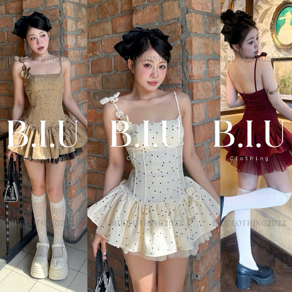 Đầm 2 dây đính hoa hoạ tiết chấm bi phối tà lưới xoè nữ tính sang chảnh Sher Dress Biu Clothing BB0524