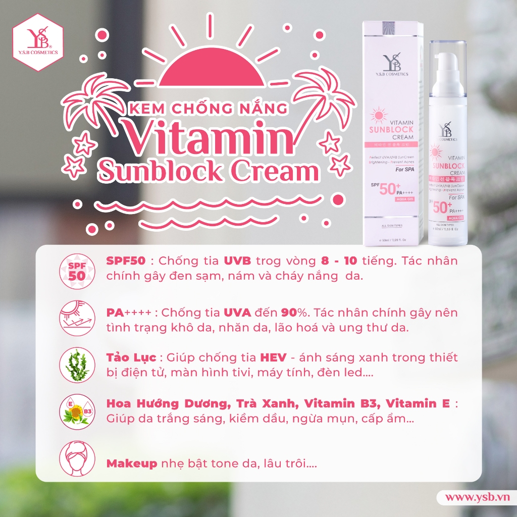 Kem Chống Nắng Vitamin YSB SPF50+/PA++++ - Nâng Tone, Kiềm Dầu, Chống Ánh Sáng Xanh (50ml)