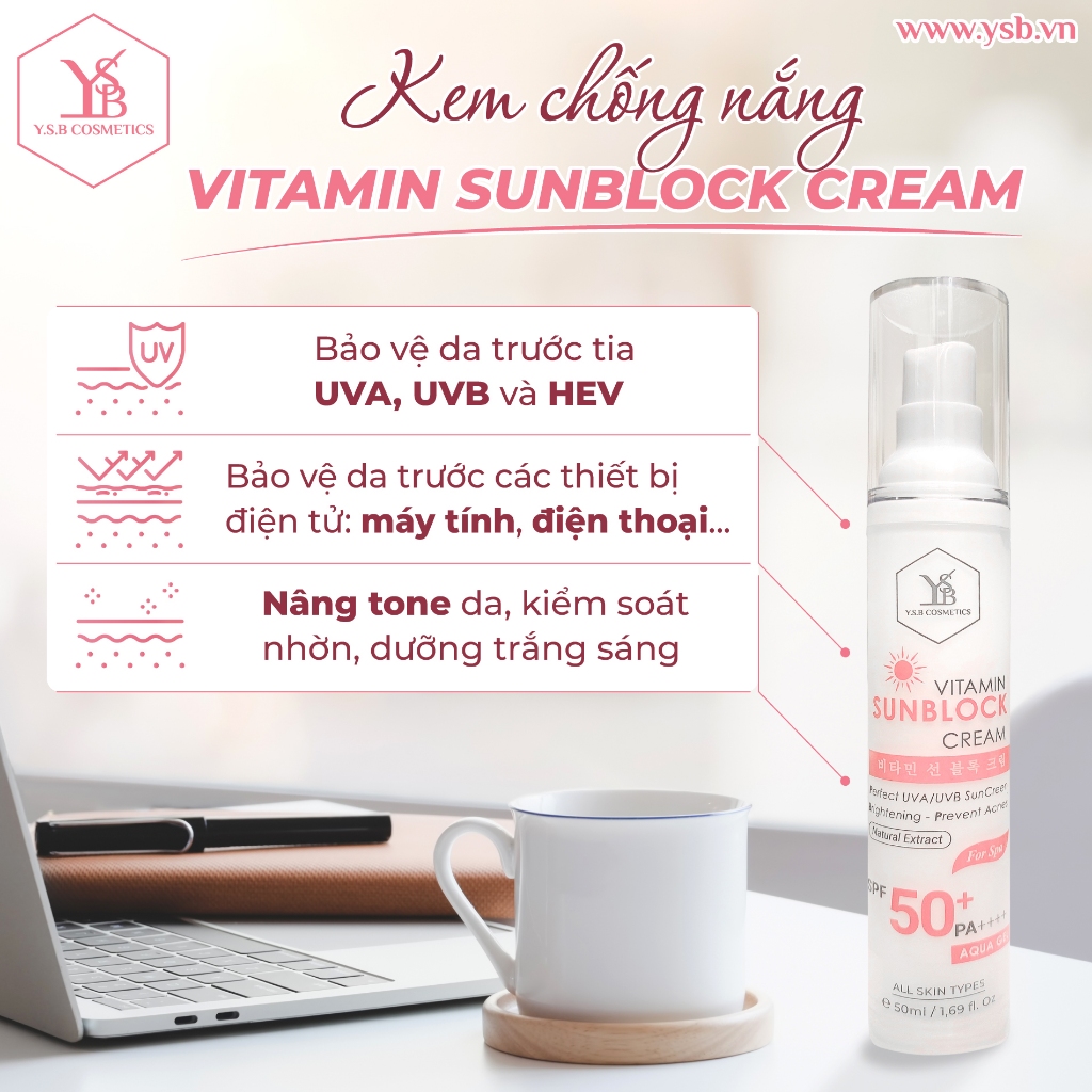 Kem Chống Nắng Vitamin YSB SPF50+/PA++++ - Nâng Tone, Kiềm Dầu, Chống Ánh Sáng Xanh (50ml)