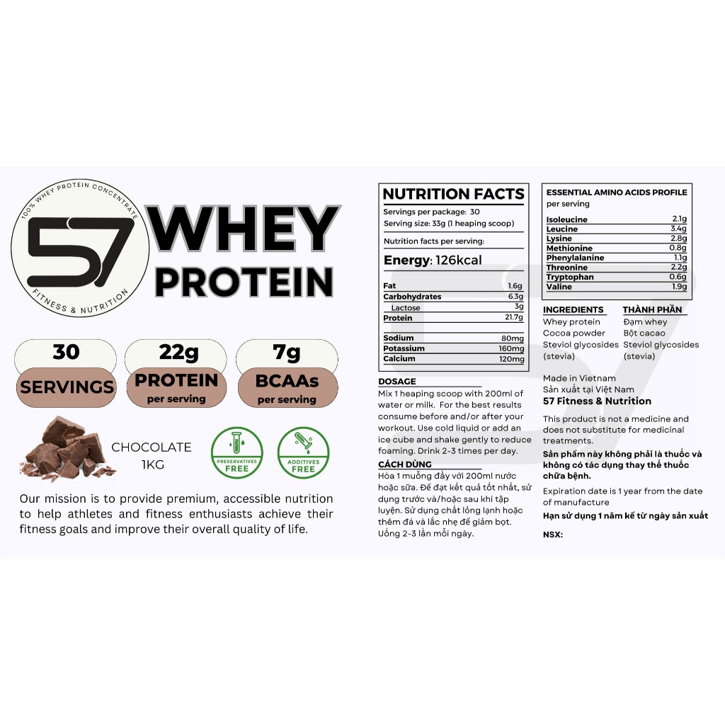 Sữa bổ sung đạm vị ngọt từ cỏ stevia 57N Whey Concentrate 1KG - KEYGYM