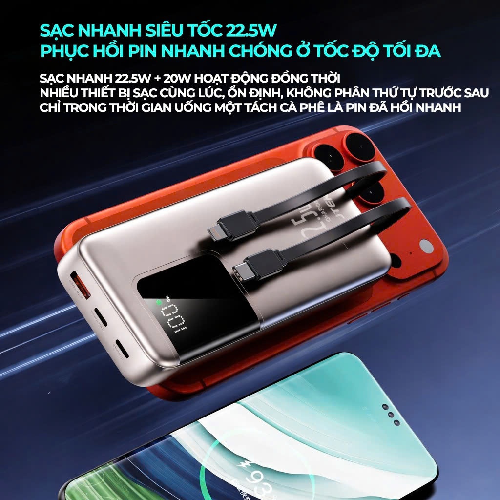 Pin Sạc dự phòng 20000mah sạc nhanh 22,5w tích hợp 2 dây sạc điện thoại - Gutek GT091