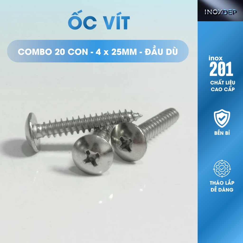 Ốc Vít Inox (Combo 20 Con) Bắn Tường Gỗ 4x25mm Đầu Dù, Vít Inox 201 ...