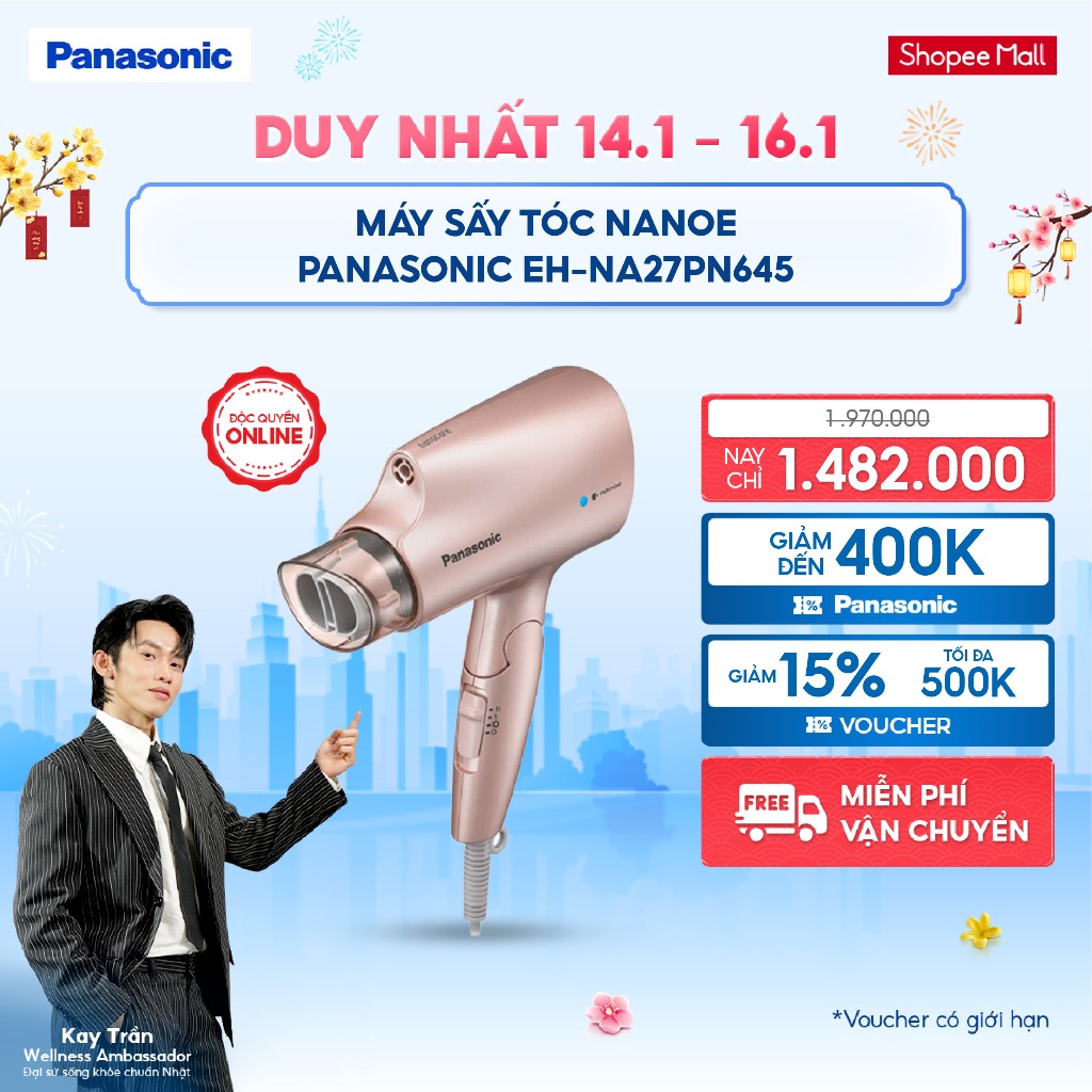 [NHẬP ELPN500Q GIẢM 15% TỐI ĐA 500K] Máy sấy tóc Nanoe dưỡng ẩm, chăm sóc tóc và da đầu Panasonic EH-NA27PN645