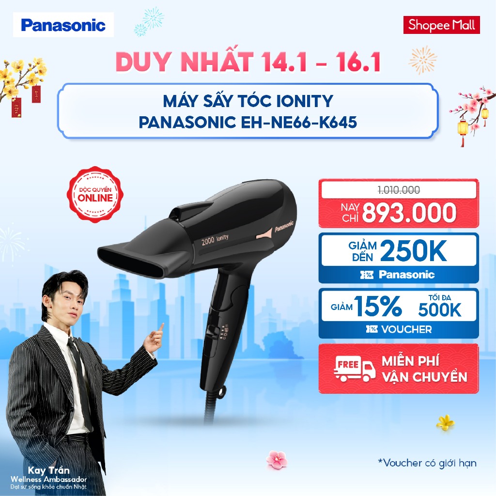 [NHẬP ELPN500Q GIẢM 15% TỐI ĐA 500K]  Máy Sấy Tóc Ionity Panasonic EH-NE66-K645 - Tay Cầm Gấp Tiện Lợi - BH 12 Tháng