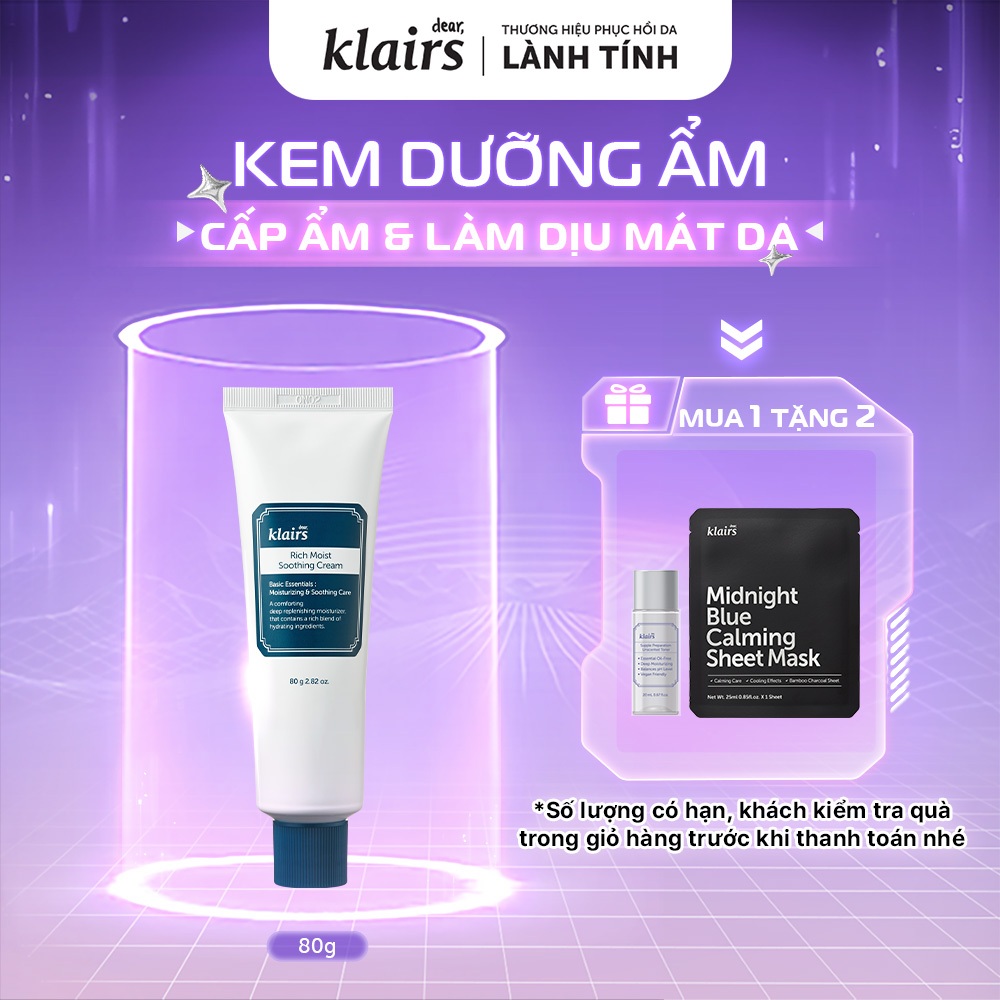 Kem dưỡng Dear, Klairs Rich Moist Soothing Cream hỗ trợ cấp ẩm và làm dịu mát da