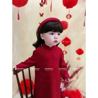 Áo dài đỏ ChoiChuu kèm choàng lông vũ tặng kèm bờm cho bé gái