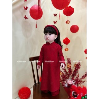 Áo dài đỏ ChoiChuu kèm choàng lông vũ tặng kèm bờm cho bé gái
