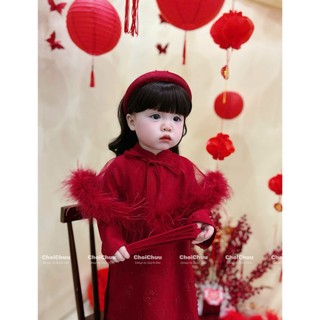 Áo dài đỏ ChoiChuu kèm choàng lông vũ tặng kèm bờm cho bé gái
